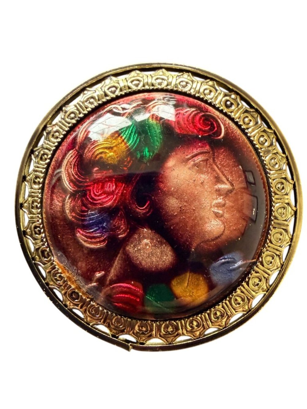 Vintage 1950s Reverse Carved Lucite Renaissance Lady Brooch New Old Stock